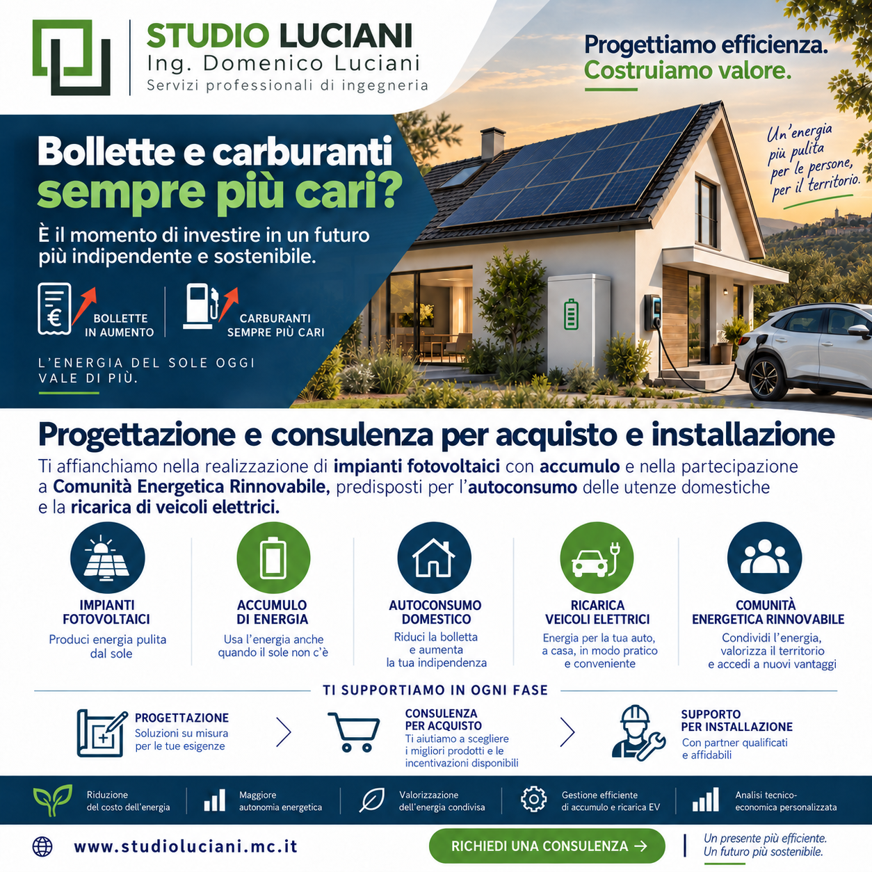 Brochure Studio Luciani: fotovoltaico, accumulo, autoconsumo domestico, ricarica elettrica e CER