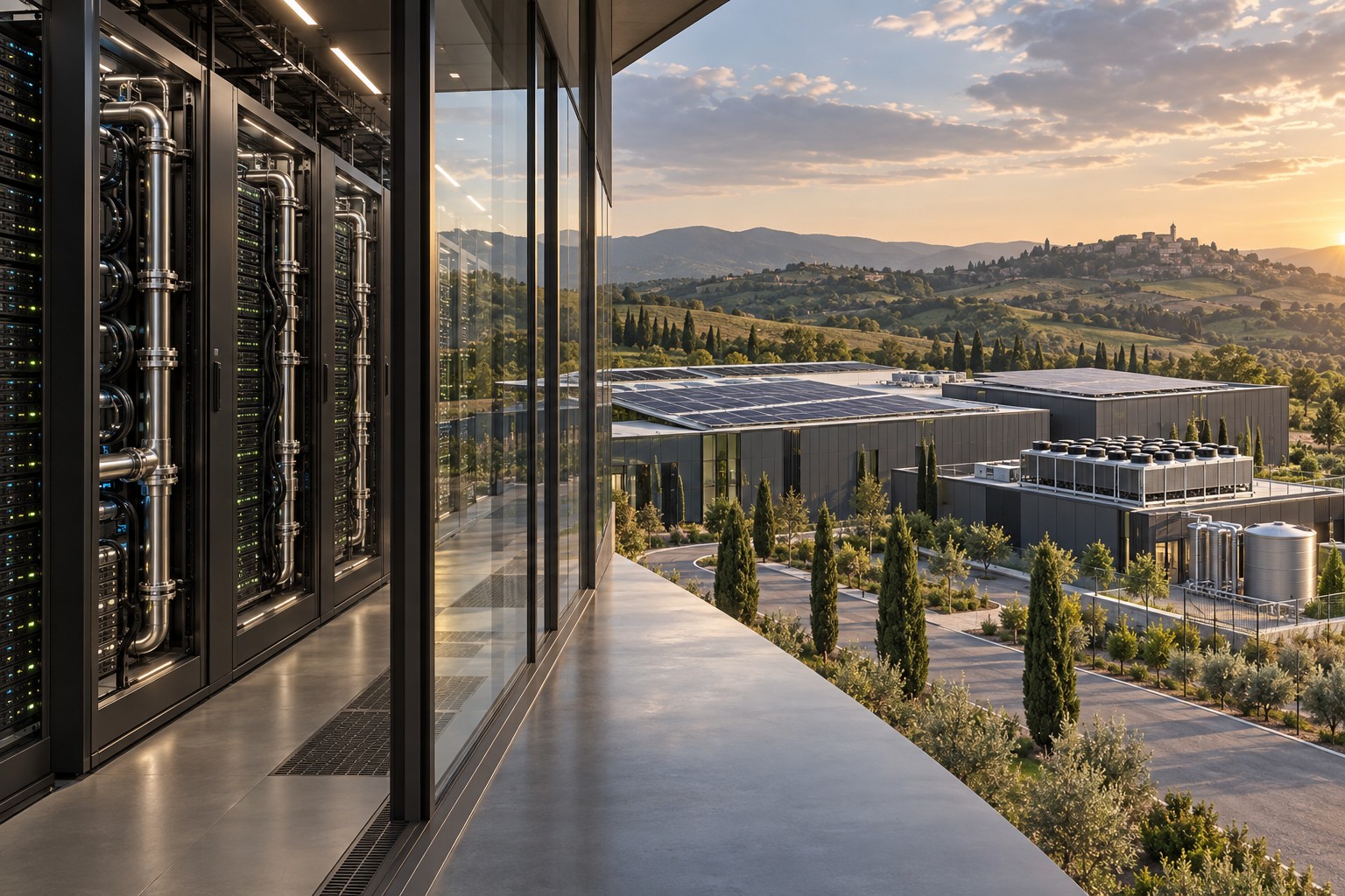 Data center per l’IA con server, raffreddamento a liquido, fotovoltaico e sistemi per la gestione dell’acqua