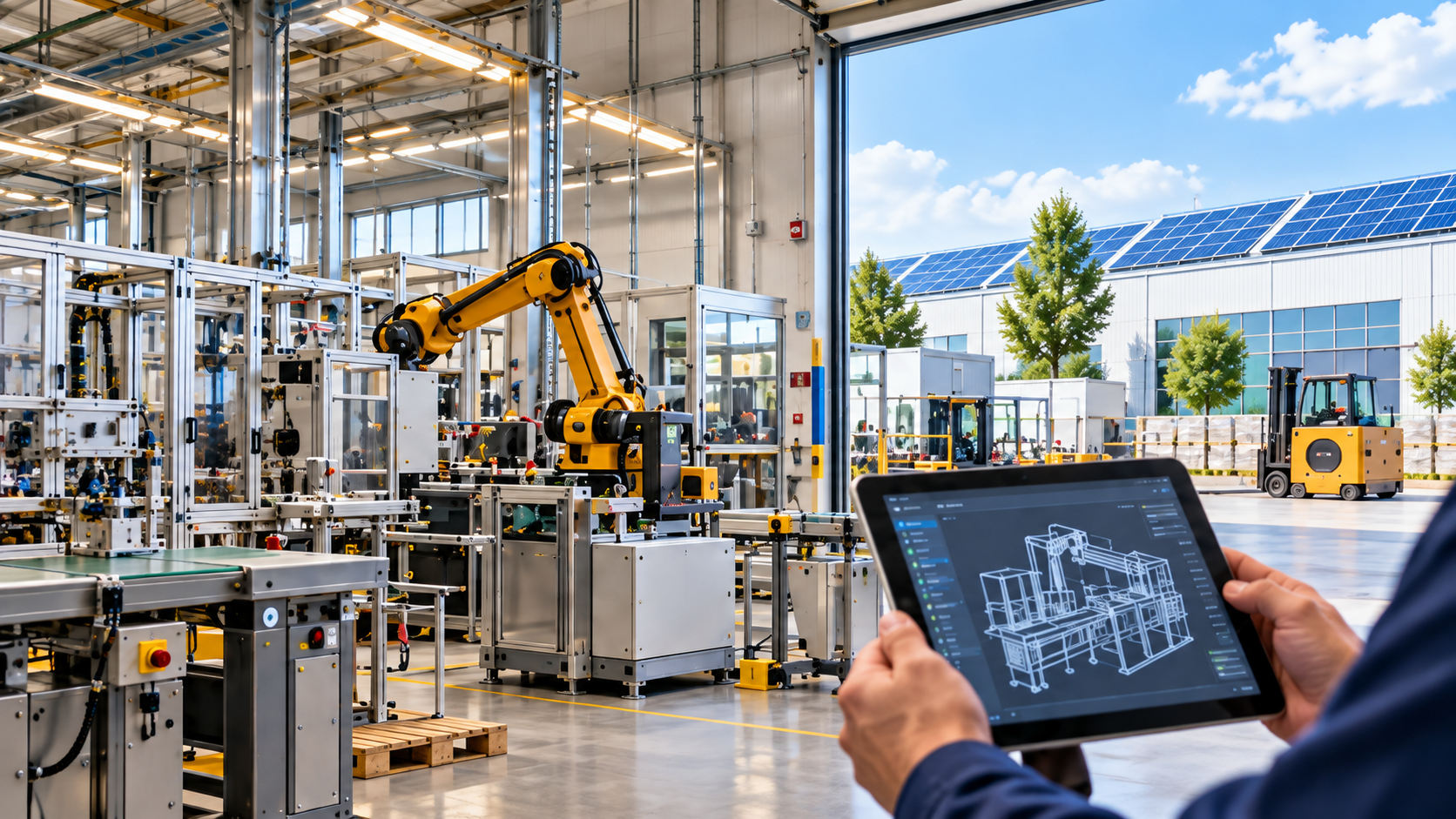 Industria innovativa con robot, fotovoltaico e progettazione tecnica su tablet