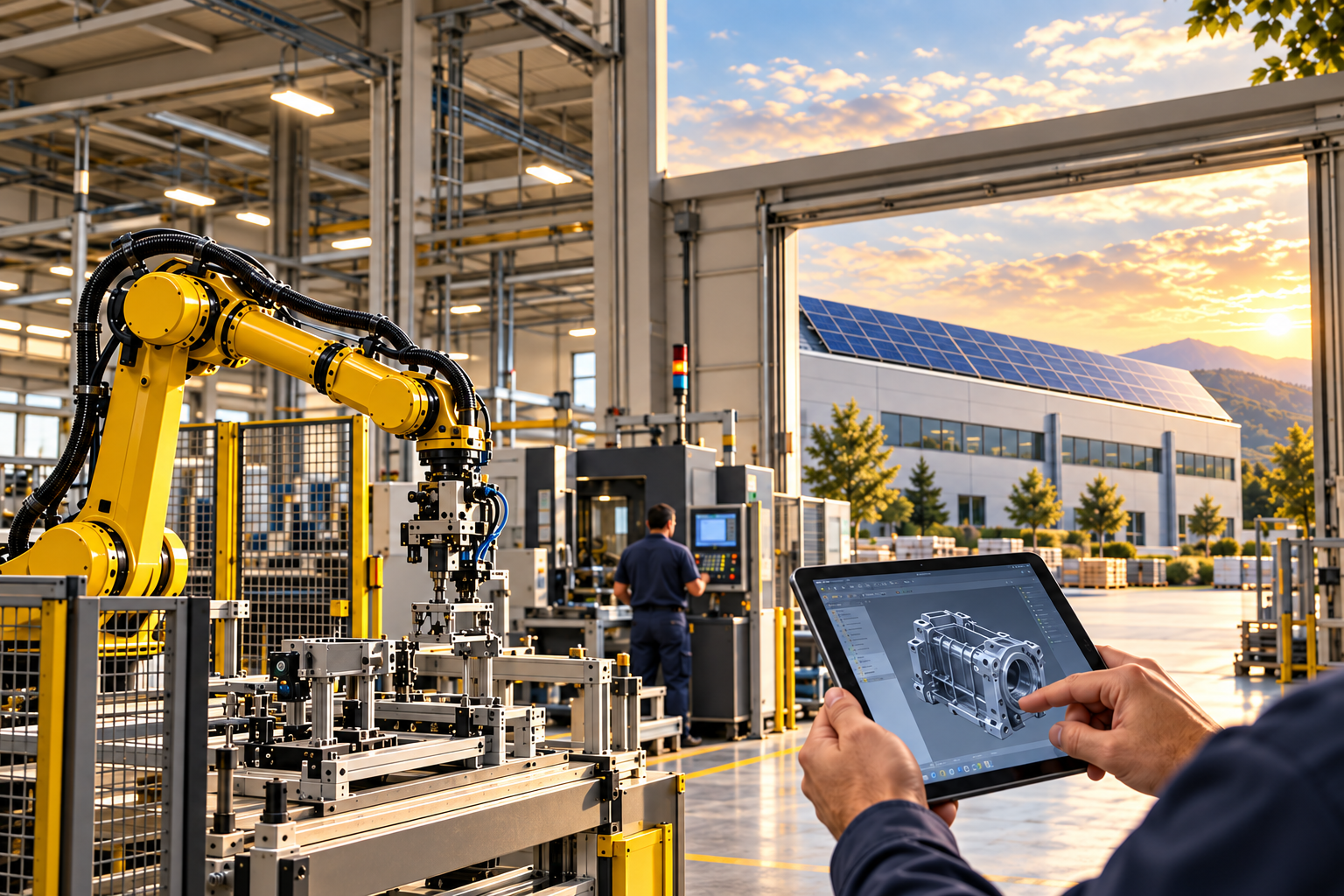 Industria innovativa con robot, fotovoltaico e progettazione tecnica su tablet