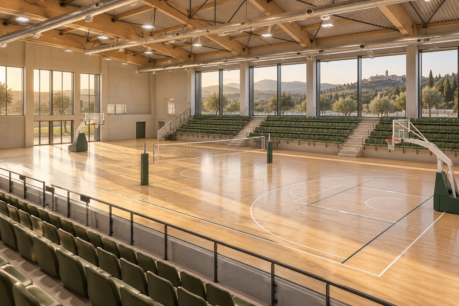 Interno di un palazzetto dello sport con campo in parquet, tribune verdi, illuminazione e ventilazione